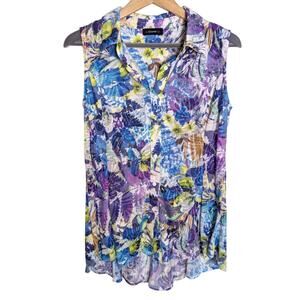 Cocomo Floral Blue Purple Sleeveless Button Up Top Women Size M Office Feminine